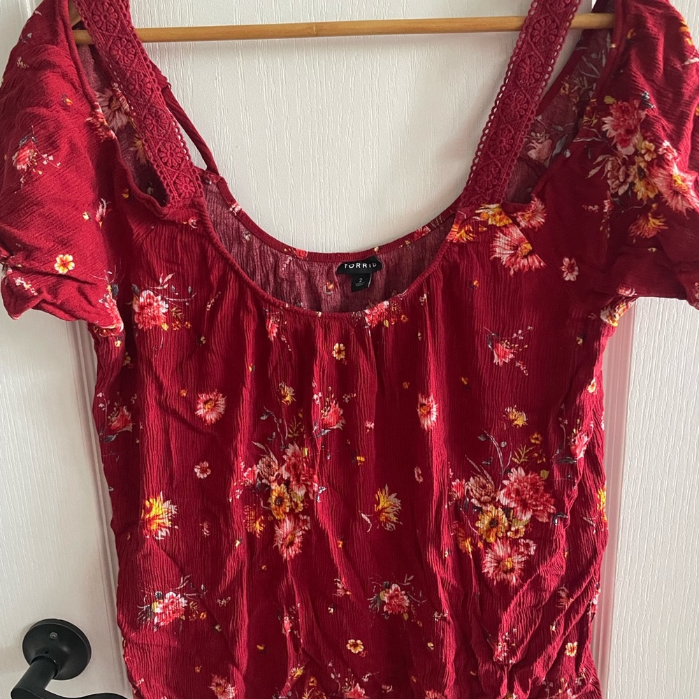 Torrid red Puff Sleeve Blouse with Ruched Smocked Design